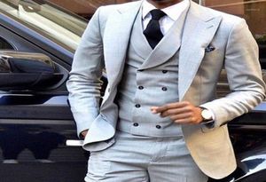 Açık gri erkekler düğün takım elbise ince fit 3 adet smokin damat damatçı özel erkekler traje hombre18011112 için takım elbise