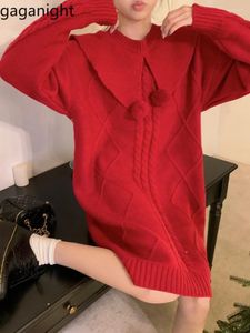 カジュアルドレスgaganight women Red Doll Neck Woolen Dress2024女性秋の冬のヴィンテージミディアムレングスニットルーズウエスト