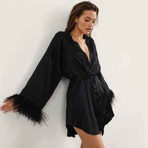 wrap dress feather ostrich hair long sleeve commuter cardigan jacket casual silk women
