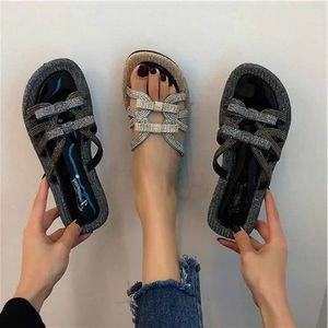 Women Giltter 2024 Summer Flat Sandals Bow-Knot Comfort Retro Anti-Slip Beach Shoes Platform Slid 5D6
