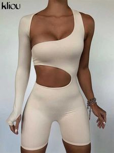 Women's Jumpsuits Rompers Kliou Asymmetrical Solid Women Rompers Basic Long Sleeve Casual Sportswear Streetwear Female Elastic High Waist Jumpsuits Y240521