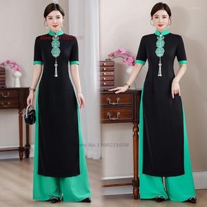 Etniska kläder 2024 Traditionell Vietnam Aodai Dress Pants Set Flower Brodery Ao Dai Vintage Qipao Elegant Banket Party