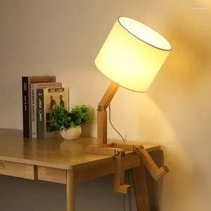 Lâmpadas de mesa modernas luminária de madeira em forma de robô com tonalidade de pano de suporte E14 para o salão Estudo Indoor Night Light Desk Lights