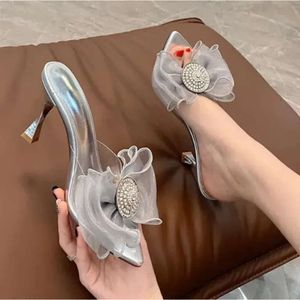 High Women Crystal PVC Bowtie Transparent stiletto Middle Heel Fashion Lady Outdoors Open Toes Sandaler No 5e5