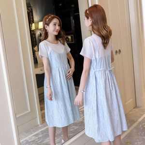 Vestido novo vestido de mangas curtas de mangas curtas de comprimento médio de duas peças versão coreana da saia de maternidade de verão feminina L2405