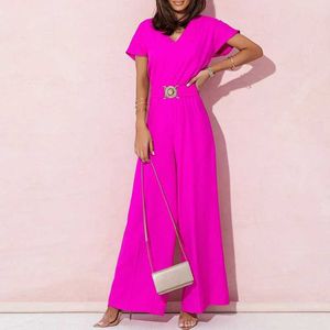 Women's Jumpsuits Rompers Women V Neck High Waist Belted Jumpsuits Spring Solid Office Lady Straight Playsuit Summer Short Sleeve Wide Leg Romper Overalls Y240521