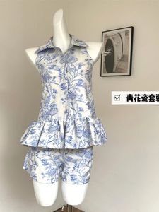 Sommerfrauen altes Geld Chinese Vintage Mori Outfits 2 Stück Shorts Set Luxus ästhetische Weste Klassische Elastische Taille 240511