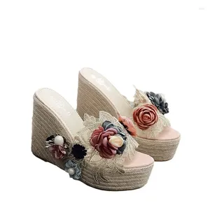 Slippers Colorful Lace Flower 12cm High Square Heels 5cm Platform Pumps Summer Designer Rope Muffin Slides Elegant Luxury Shoes