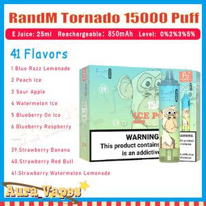 Najlepiej sprzedający się Randm Tornado 15000 Puff Electronic Armets 41 Smaki 25 ml Cewka z siatki 850 mAh ładowanie akumulatorów 15K Vape Pen