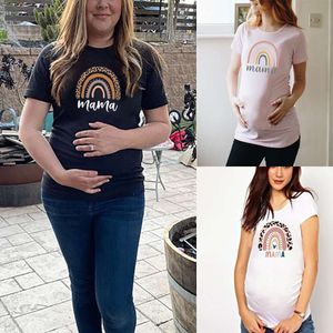 Nórdico arco-íris mama impresso grávida t maternidade curta manga curta camiseta de gravidez camisa de gravidez New Mom Tshirts Roupas L2405