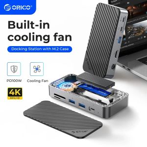 Orico USB C HUB с охлаждающим вентилятором M.2 NVME SATA SSD КОРКОВ Внешнее 10 Гбит/с 4K 60 Гц HDMI-COM RJ45 SD/TF USB Docking Station