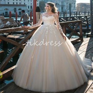 Princess Ball Gown Wedding Dresses With Long Sleeve Appliques Lace Floor Length Tulle Church Bridal Gowns Elegant Outdoor Country Garden Rustic Robe De Mariee 2024