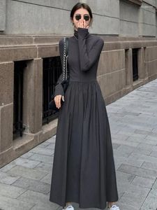 Casual Dresses Patchwork Women Long Sleeve Midi Dress Autumn Vintage Turtleneck Solid One Pieces 2024 A-line Spring Robe