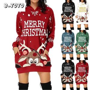 Casual Dresses B-Toto Women's Christmas Printed Long Sleeve With Tickets Hooded Sweatshirt Loose Dress 2024 Explosion