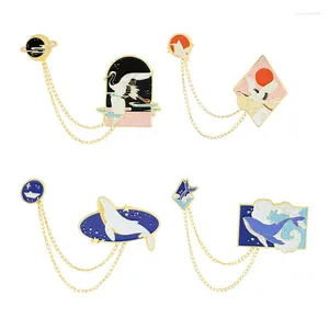 Brooches Creativity Animals Whale Bird Seagull Chain Enamel Brooch Sun Stars Waves Detachable Pendant Alloy Pins Fashion Jewelry Gift
