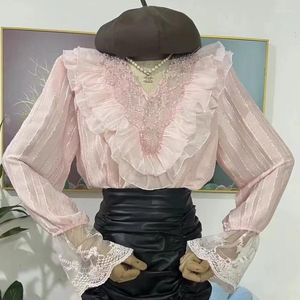 Bluzki damskie luksusowe z koraliki cekinowe szwy koronkowe białe czarne różowe seksowne koszule na 2024 wiosenne letnie topy z długim rękawem Blusas