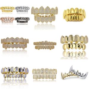 Gold Hip Hop Tooth Grillz Teeth Set CZ Diamonds Vampire Grills 18k Plated Gold Top Bottom Grill Bling Iced Out for Men Jewelry Design 1 to 5