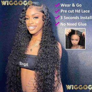 Syntetyczne peruki Wiggogo Pre Cut Blueless Pargy Human Hair Gotowe do noszenia 4x4 5x5 HD Lace Closure 30 40 -calowe kręcone kropla głębokiej fali Dhnhh