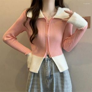 Женские трикотажные женские женские короткие вязаные кардиган мода двойной молнии Slim Fit Sweater 2024 Корейский стиль контрастный цвет повседневная рубашка Bottomming рубашка