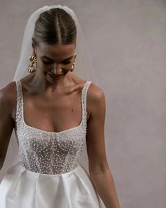 Short vintage un abito da sposa a linea 2024 spalline spaghetti perle top satinato in raso raso da sposa da sposa da sposa abito vestidos de no Noiva Robe de mariage