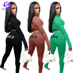 2023 New Letter Embroidered Ribbed 2 Piece Sets Autumn Long Sleeve Pullover And Pants Womens Two Piece Casual Sets