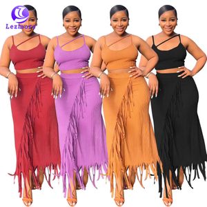 2023 Hot Sale Sleeveless Spaghetti Strap Crop Top Irregularity Tassel Long Skirts Summer Ribbed 2 Piece Sets