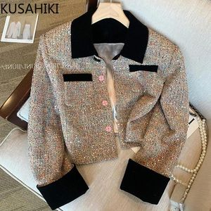 Frauenjacken Kusahiki Retro kontrastierende Turnhalterkragen kleiner koreanischer Paillettenpailletten Elegante Jacke Sprign Herbst Frauen Mantel Tops