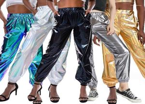 Meihuida mode smoothy reflekterande kvinnor hög midja metallisk glänsande jogger casual holografisk färg streetwear byxor19446092
