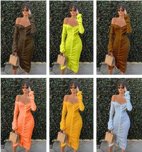 Europe and America Autumn And Winter 2020 new fashion women039s off shoulder long sleeve medium length solid color drawstring d1851602