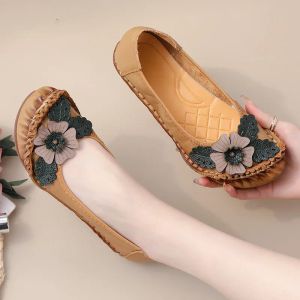 Retro blommor lyxskor kvinnor äkta läder sommarlägenheter storlek 41 damer kortfattade handgjorda lädermockasiner kvinnliga loafer