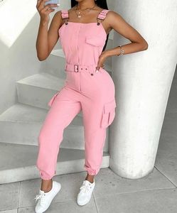 Women's Jumpsuits Rompers Womens Cargo Jumpsuit Workwear 2024 Summer Sleeveless Pocket Buckle Design High Waist Cargo Suspender Jumpsuit with Belt Y240521