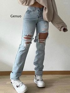 Dżinsy dżinsowe dżinsowe kolano Big Hole swobodna luźna moda długie kobiety seksowne spodnie letnie spodnie hip -hopowe