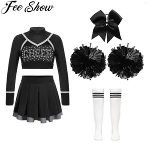 Set di abbigliamento per bambini ragazze cheerleader costume scolari abiti da ballo outfit completo con pom pomswone calzini per Halloween