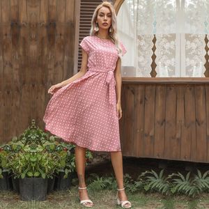 Summer hot selling Women dresses designer Mid-length skirt short sleeve Yellow blue green pink red black lace up polka dot pleated dress ad1