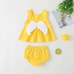 Clothing Sets Fashion Summer Toddler Girl Clothes Set 2 Piece Solid Lovely Wings Behind Sleeveless Tops+short Pants Party Princess Dress 1-6Y Y240520TN54