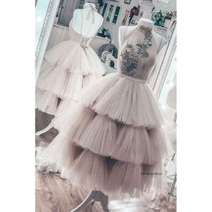 Ball Gown Nude Tulle Gowns Short Tealength Party Dress Tiered Skirts Backless Evening Dresses Robe Soiree Vestidos De Fiesta 0521