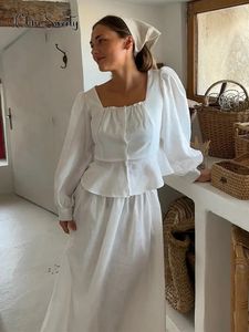 Fashion White Square Neck Ruffles Top Skirt Set Casual Long Sleeve Buttons Shirt Long Skirt Suit Summer Lady Street Outfits 240521
