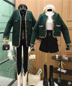 Vintage Plaid Tweed Jacket Kvinnor Eleganta damer Singel Breasted Short Outwear Tops Spring Fall Long Sleeve Retro Dark Green Coat 21325597
