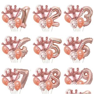 Outros suprimentos de festa de evento Rose Gold Gold Sliver Princesa Coroa Balões de Latex de Feliz Aniversário Decorações do Chá de bebê Drop dell Dhi6j