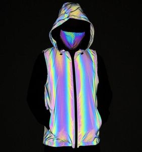 Men039s hoodies tröjor färgglada reflekterande huva väst hiphop män ärmlös jacka nattsäkerhet reflektera ljus cykling 7730199