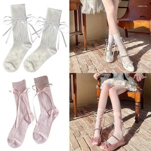Kvinnors strumpor Summer Casual Ballet Sock Sweet Solid Color Bandage Cotton Bows Stocking