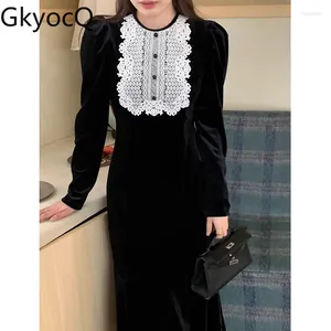 Casual Dresses GkyocQ Korean Chic Women Dress Fall Retro Temperament Round Neck Splicing Lace High Waist Slim Fishtail Black Velvet