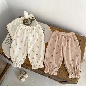 Ins baby flicka byxa 0-3 år född barn elastisk midja blomma bomullsbyxor våffla mönster jogger botten casual vårkläder 240521