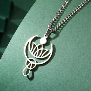 Vintage Crescent Moon rostfritt stål halsband buddhist yoga lotus blomma hänge kvinnor bohemiska andliga smycken gåvor