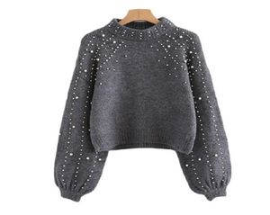 Winter Spring Women Pullover Sweaters Grey Elegent Pearl Beaded Rib Knit Jumper Stand Collar Long Sleeve Tight Sweater 6Q0692 S1025737829