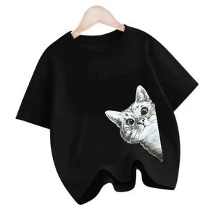 T-Shirts Meow Cat Komik Baskı Çocuk T-Shirts Pamuk Tee Giysileri Erkek Kız Yaz Sokak Giyim Üstleri Gevşek Kısa Kollu T-Shirt Y240521