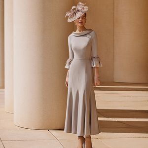 Elegant Ankle Length Mermaid Mother of the Bride Dresses 3/4 Sleeve with Feather Godmother Evening Party Dress Crystal Belt