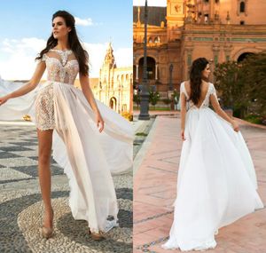 2024 Kryształowy projekt Krótkie suknie ślubne z odłączoną spódnicą koronkowe aplikacje Bateau Secion Beach Suknia ślubna Długie rękawie suknie ślubne