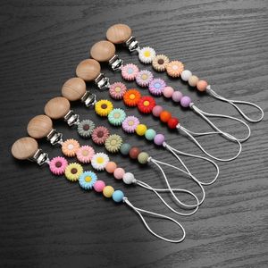 Pacifier Holders Clips# Cartoon flower silicone bead baby pacifier chain beech wood cork virtual clip baby care toy shower gift d240521