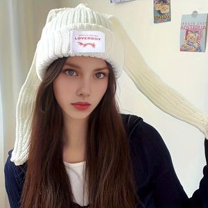 Berets Women With Ear Label Patch Black Knit Hats Winter Warm Thick Elastic Skull Cap Long Ears Cuffed Beanies